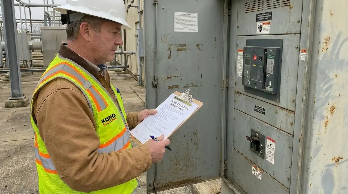 Technicians reviewing emergency electrical plans for critical infrastructure