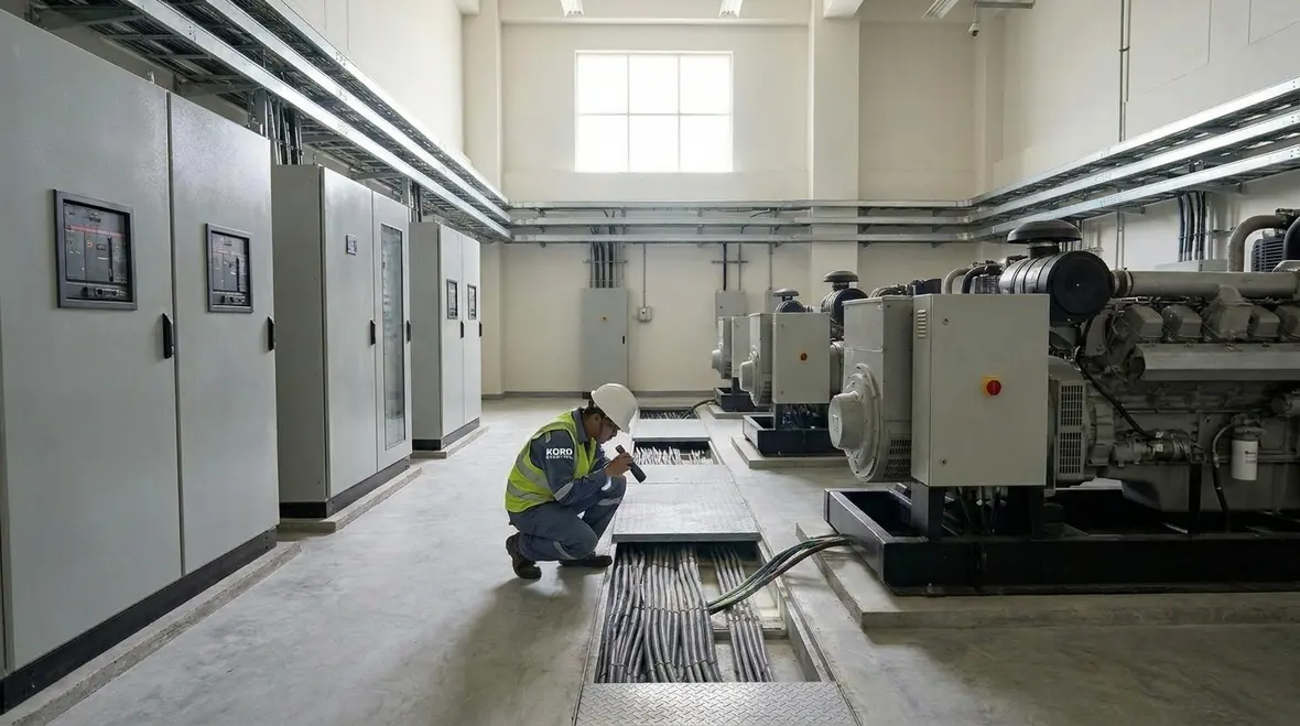 Technicians inspecting commercial switchgear for reliability