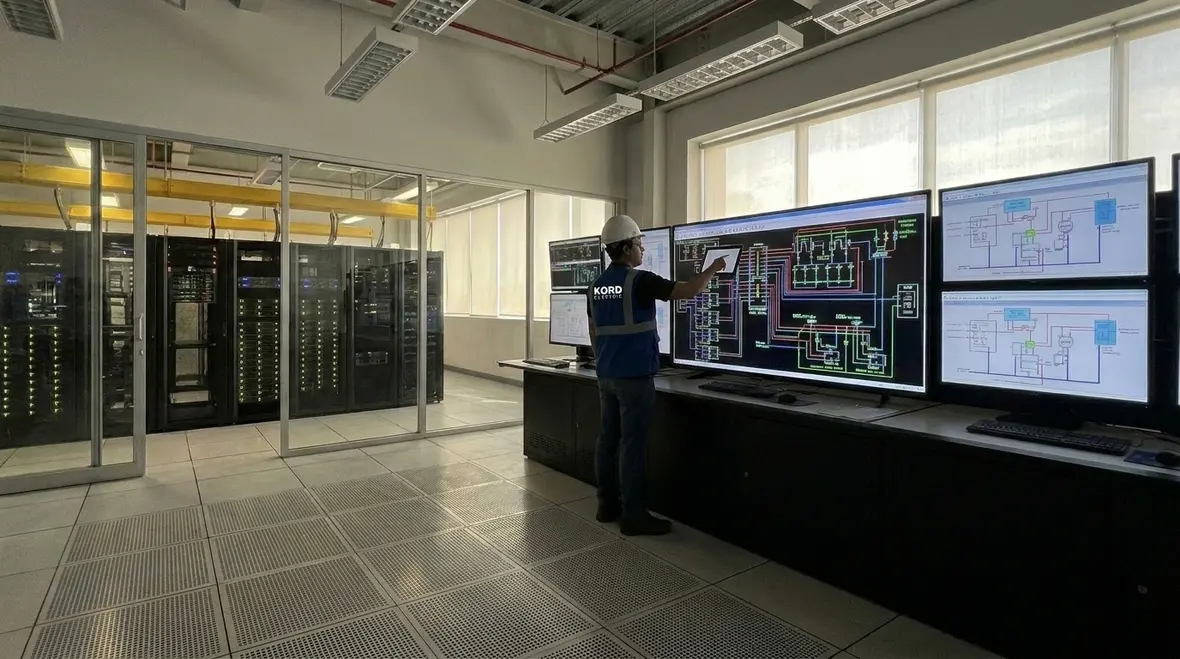 Technicians reviewing data center cooling power distribution in an equipment room
