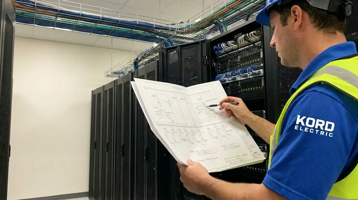 Engineers reviewing NEC data center electrical code design for server facility