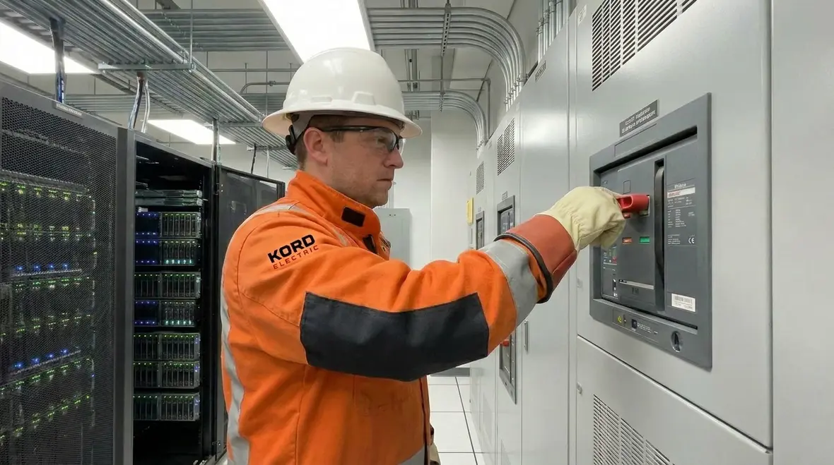Technicians maintaining data center electrical distribution with isolation and safety workflows