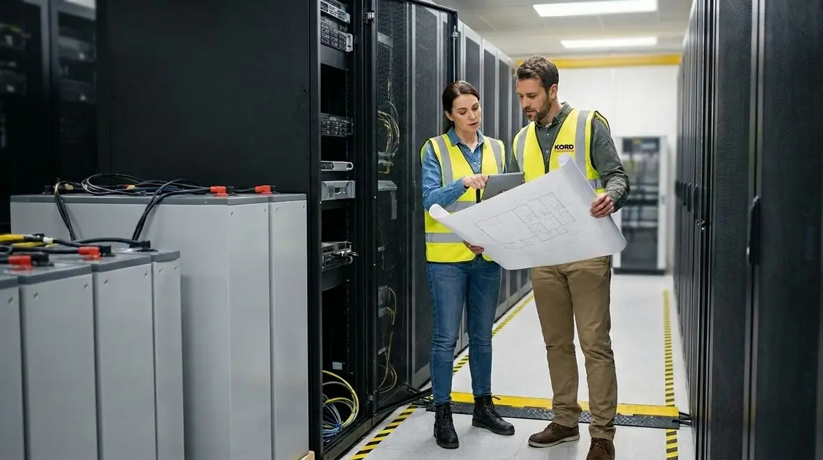 Technicians reviewing data center electrical reliability systems