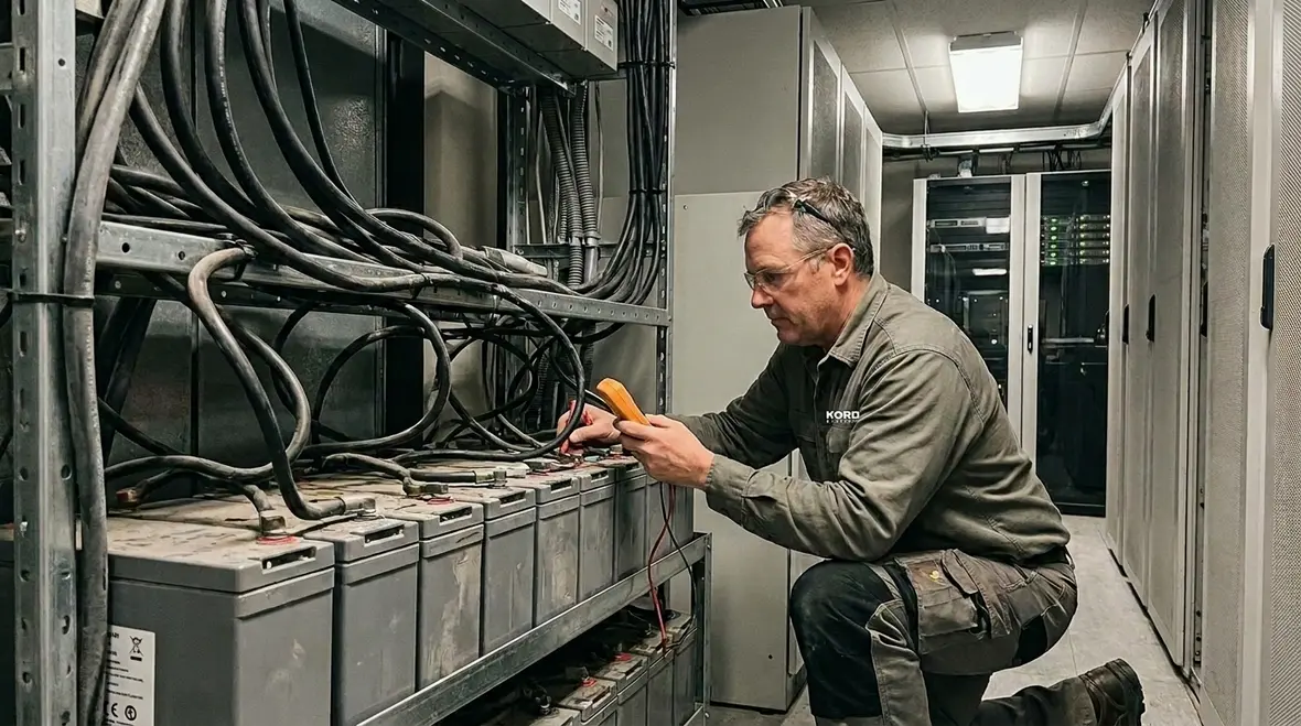 Technicians reviewing commercial data center power continuity infrastructure