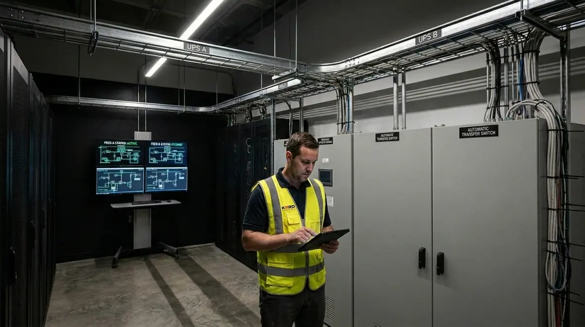 Engineers reviewing a data center power redundancy one-line diagram