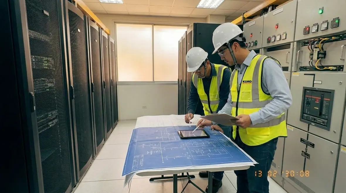 Technicians reviewing data center power redundancy solutions in an electrical room