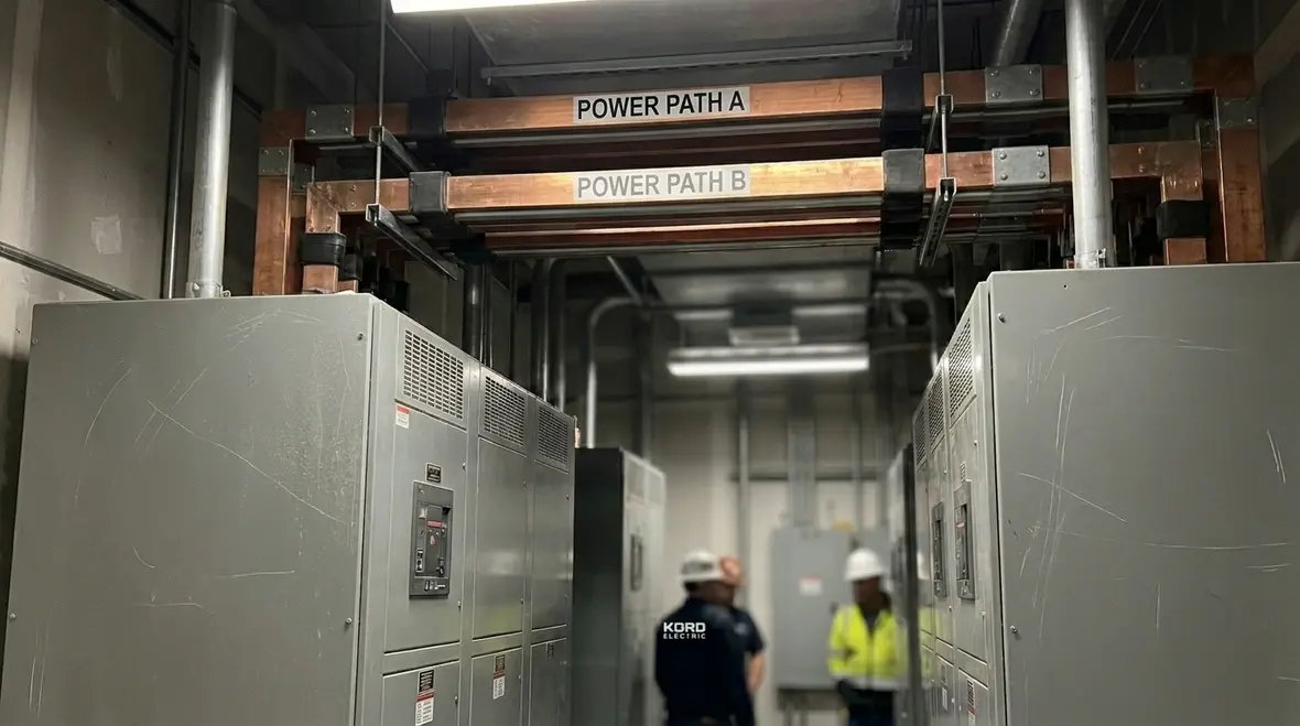 Technicians reviewing data center power redundancy architecture