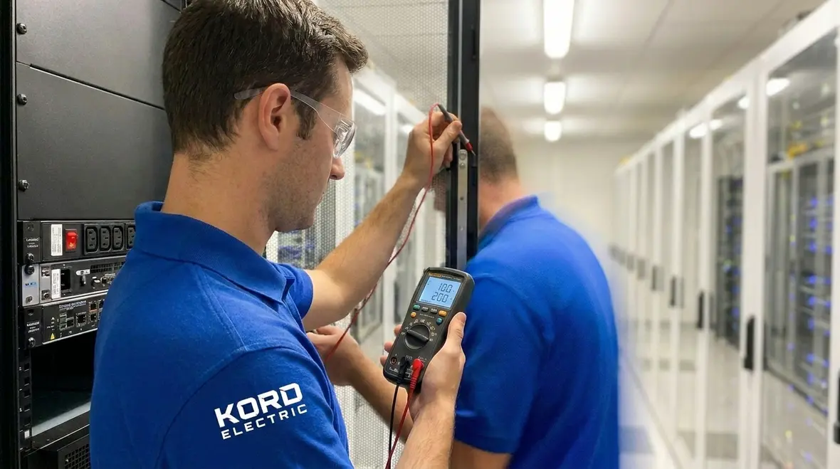 Technicians reviewing a data center power reliability layout
