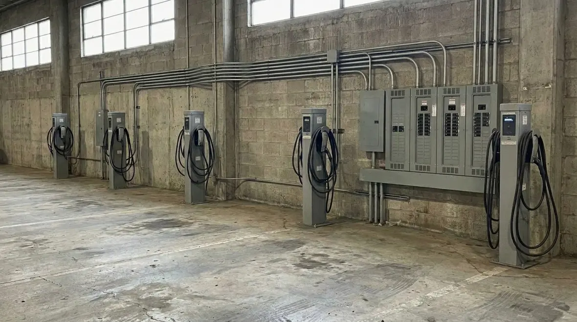 Warehouse yard with electric vehicle charging stations for fleet trucks