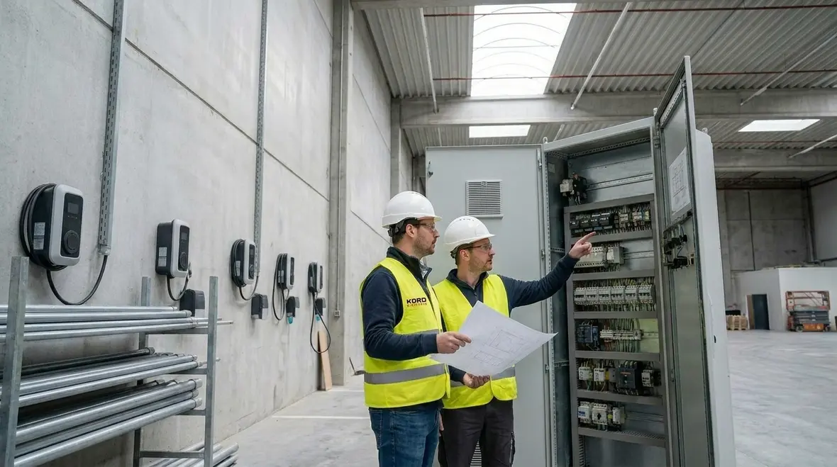 Technicians reviewing warehouse EV charging plans and electrical switchgear