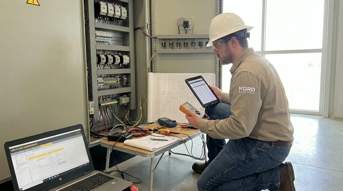 Engineer performing an electrical arc flash mitigation assessment on switchgear