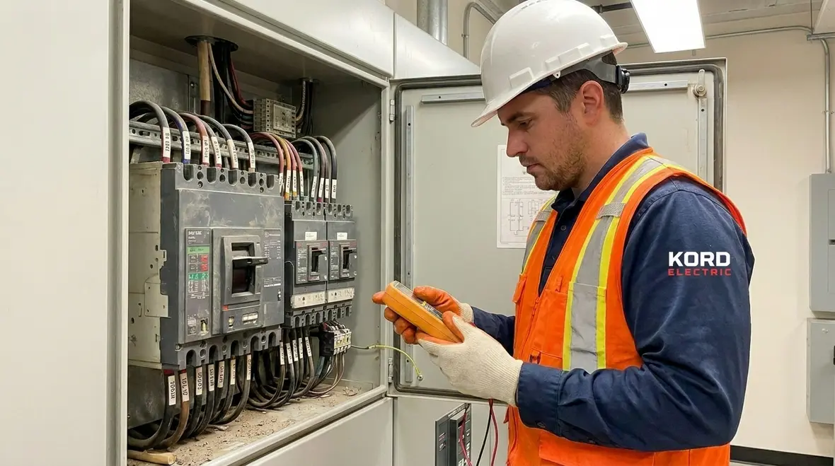 Technician reviewing arc flash mitigation study in an industrial electrical room