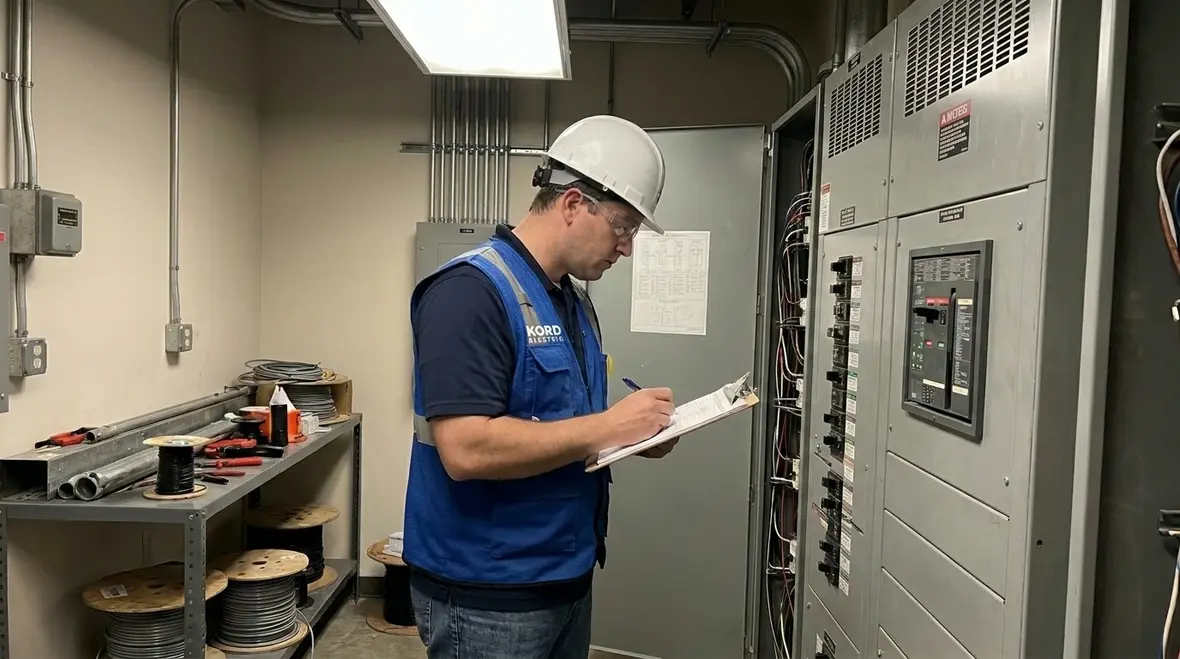 Electrician reviewing commercial building panel schedules during renovation capacity planning