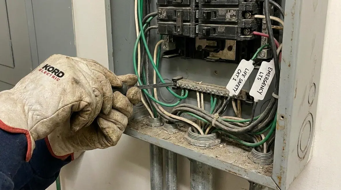 Technician mapping panel, grounding, and life safety load risks