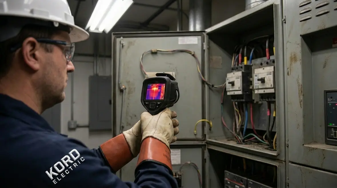 Technician performing commercial electrical distribution troubleshooting inside a main panel