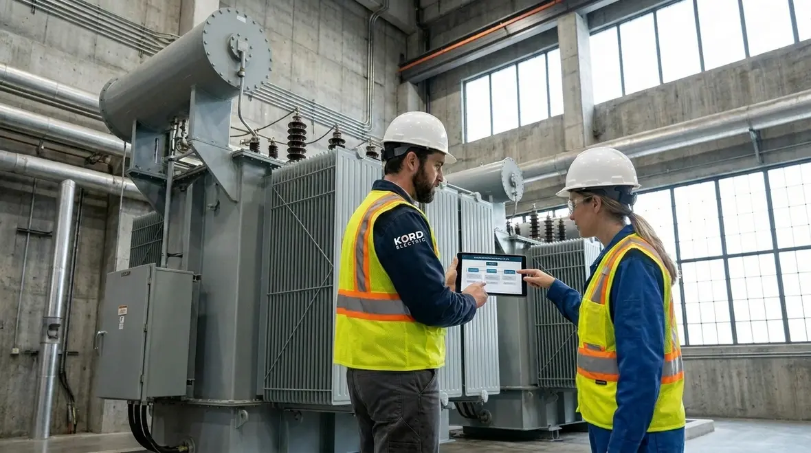 Technicians reviewing an electrical equipment lifecycle management plan in a commercial electrical room