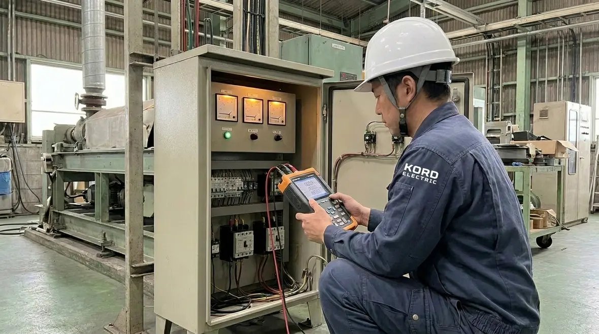 Technician reviewing electrical load balancing data inside an industrial power panel