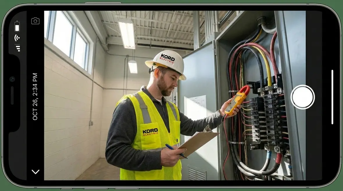 Technician performing load study on commercial electrical panel