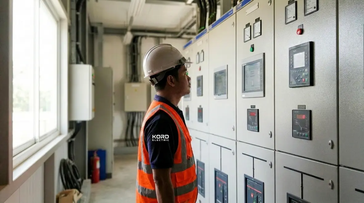 Technician reviewing electrical load management strategy for a commercial facility