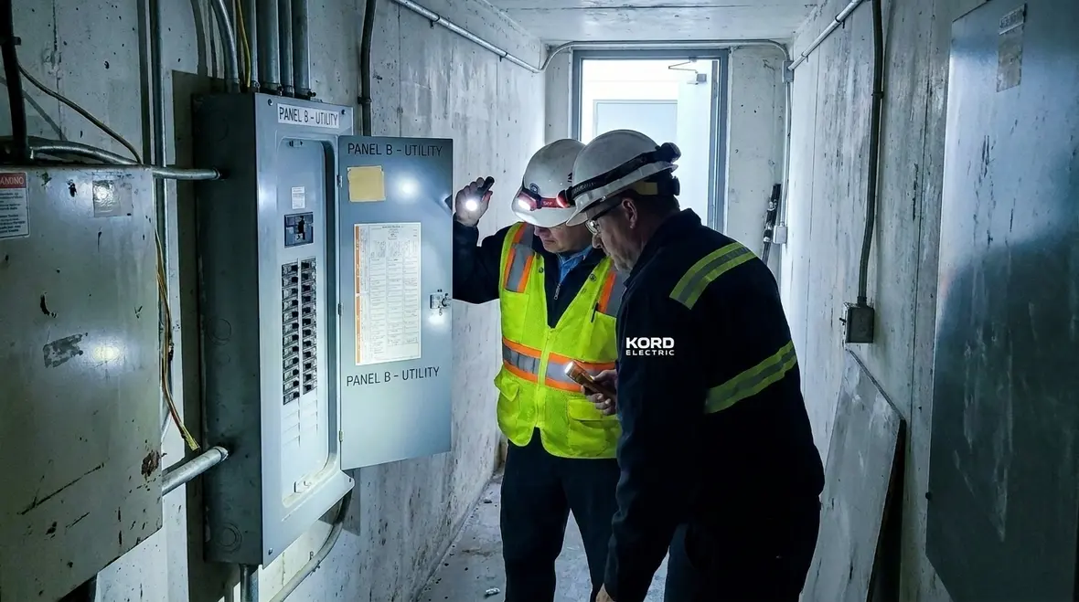 Technician reviewing standardized labels during an electrical outage response
