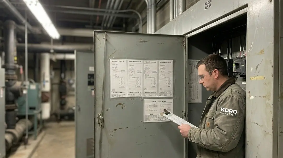 Electrician applying clear labels to a commercial electrical panel in a mechanical room