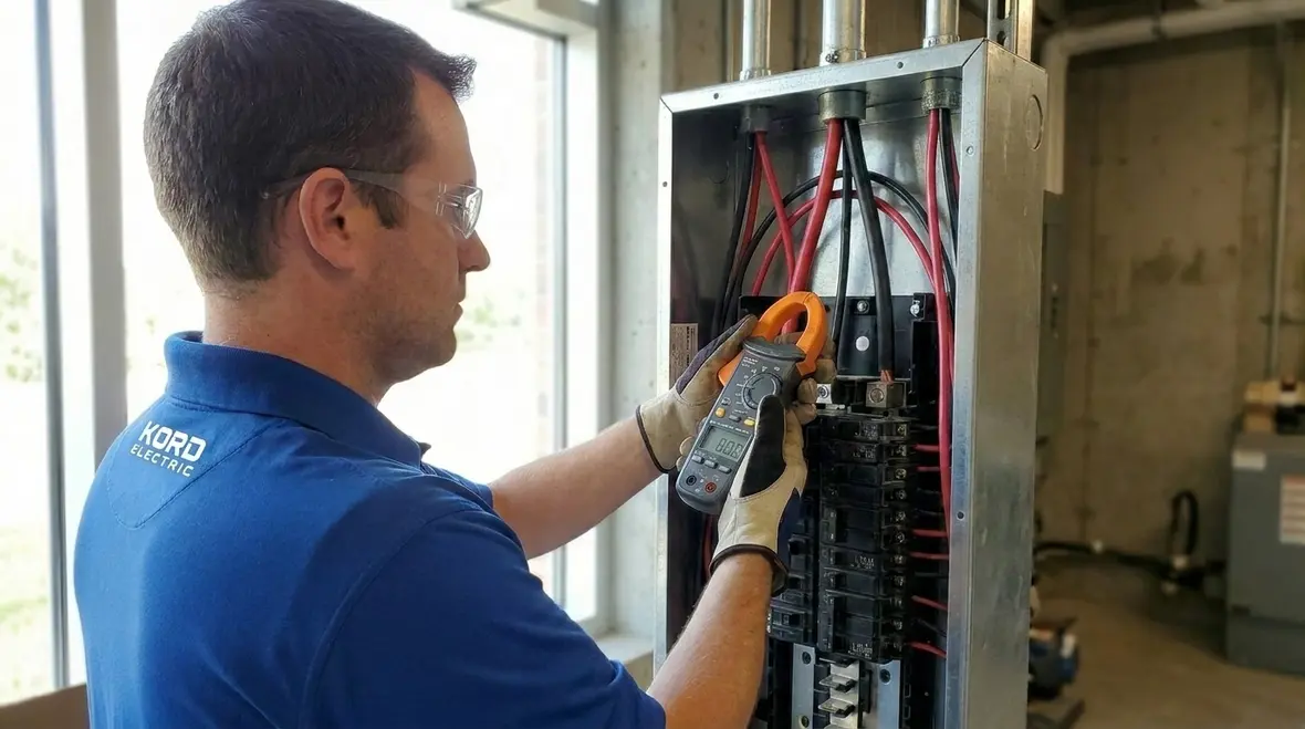 Technician performing electrical panel load balancing in a commercial building