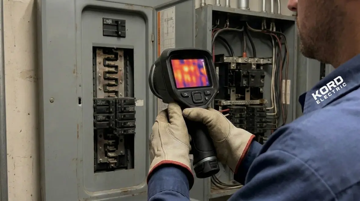 Technician performing electrical panel thermal imaging on a commercial panel