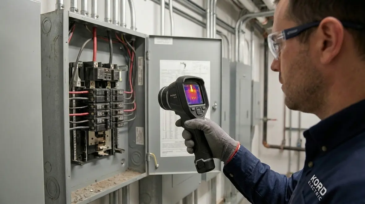 Technician performing electrical panel thermal scanning benefits inspection