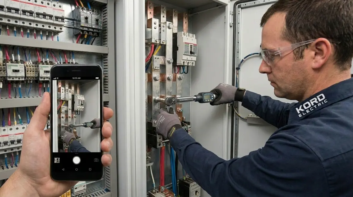 Technician performing an electrical preventative maintenance plan inspection in a commercial facility
