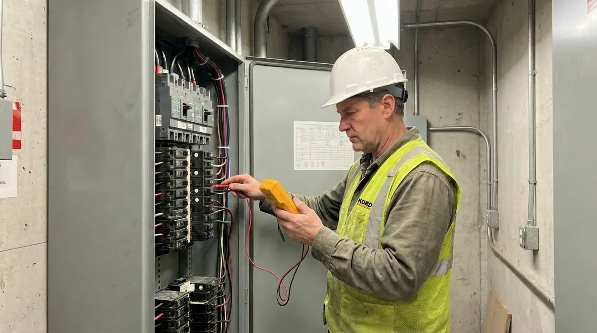 Technician performing electrical preventive maintenance services in a commercial electrical room