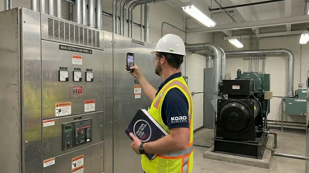 Commercial electrician verifying code-compliant electrical safety in a major property building
