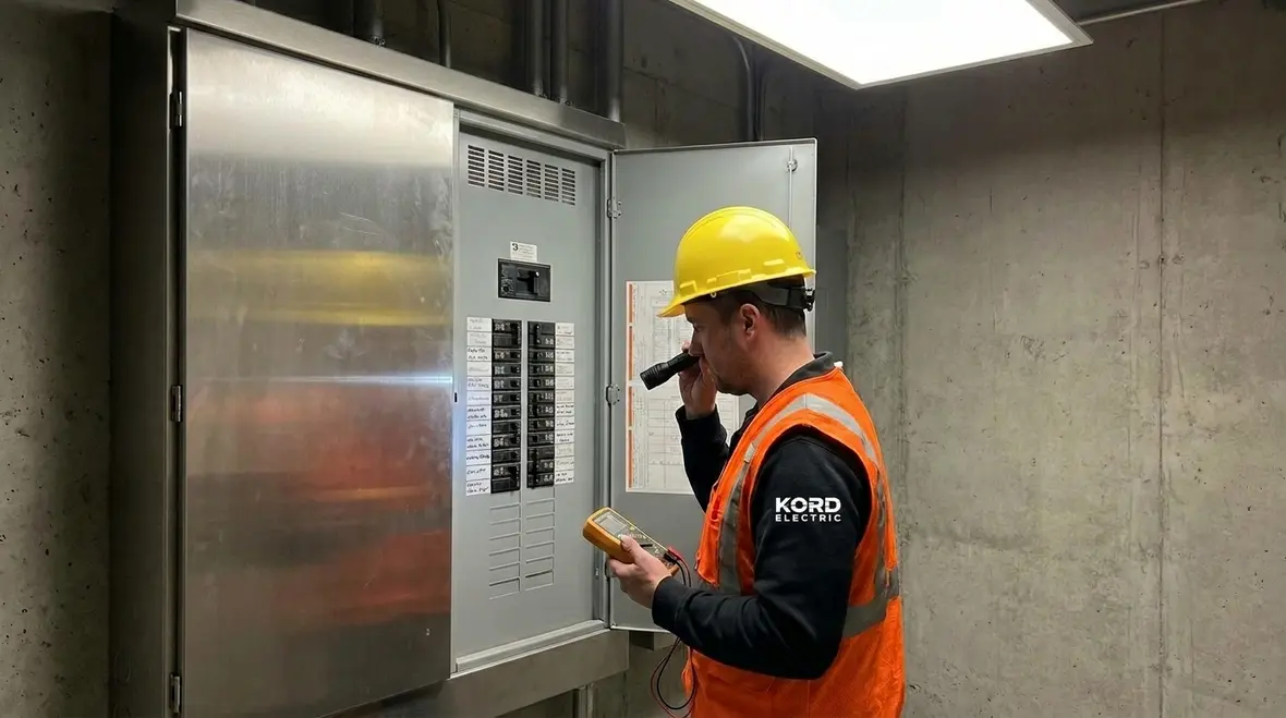 Electrician reviewing commercial tenant electrical safety compliance for small businesses