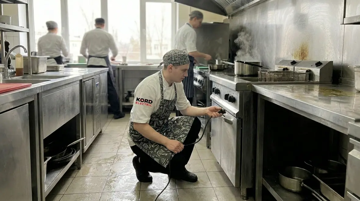 Electrician inspecting commercial kitchen panel for safety