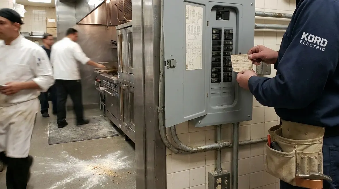 Labeled electrical panel serving a commercial kitchen
