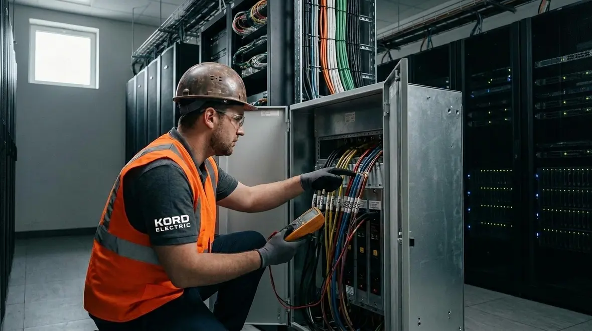 Technician performing baseline electrical inspection in a server room