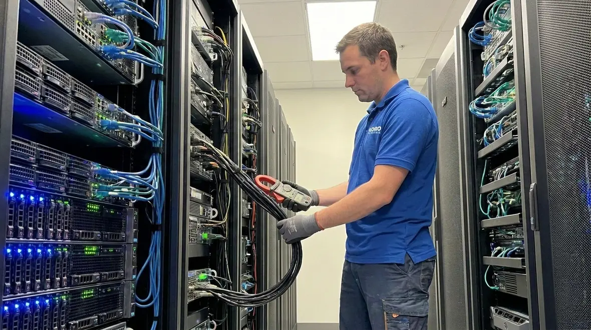 Engineers reviewing load data and peak demand trends for a tech facility