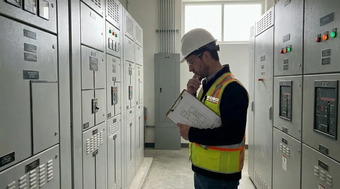 Electricians planning electrical service upgrades for a growing tech facility