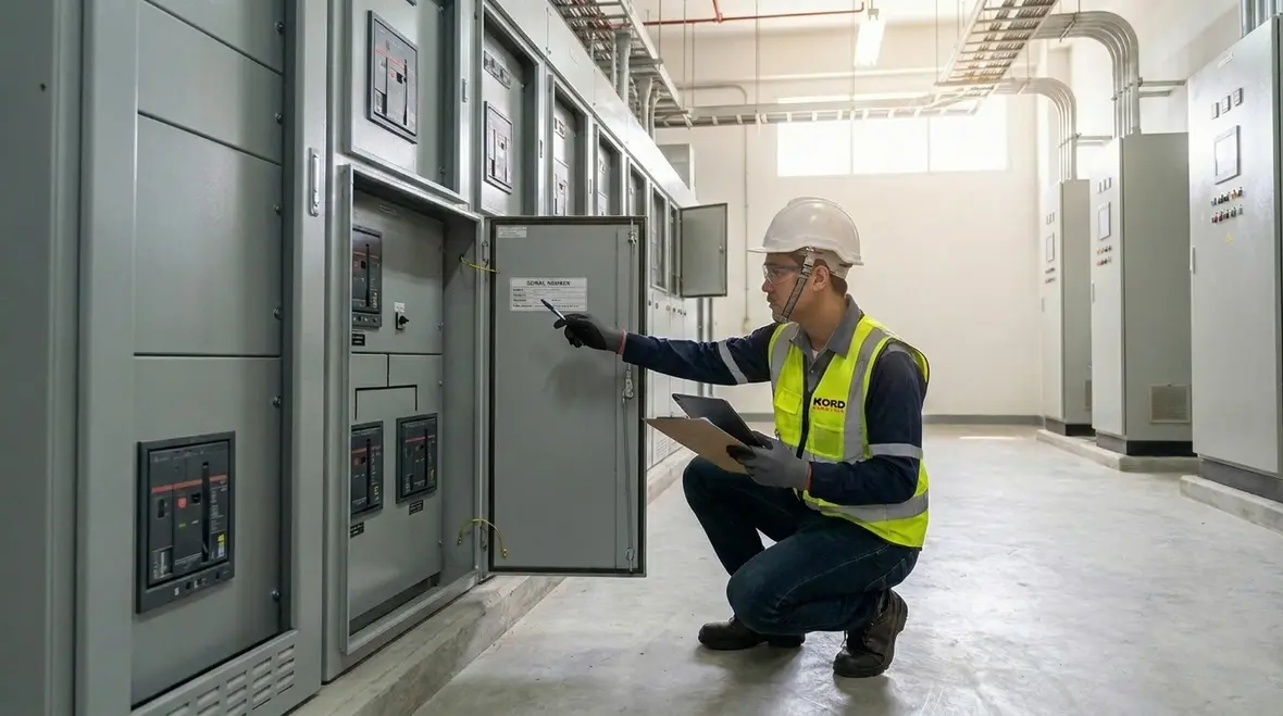 Technician reviewing electrical system asset management data in a commercial facility