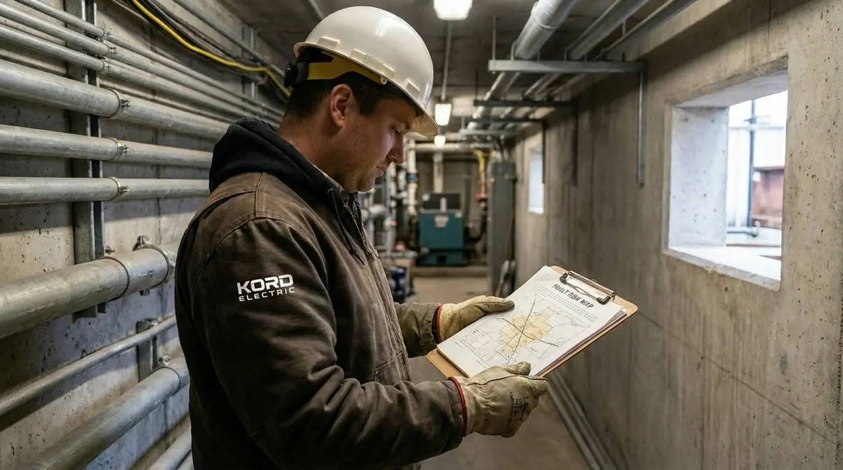 Engineers mapping electrical risk points across a commercial facility