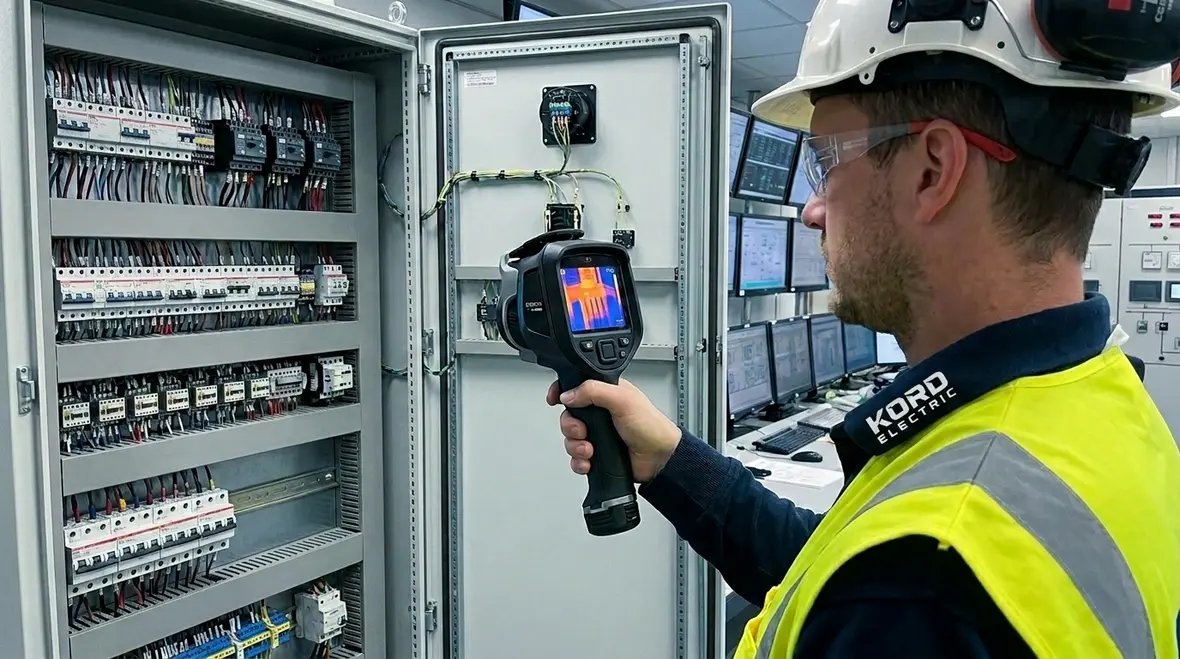 Technicians performing proactive electrical system fault prevention strategies in a commercial plant