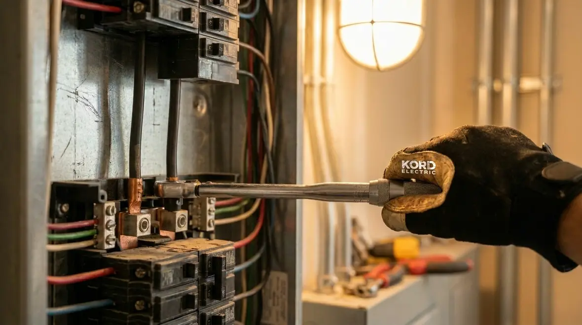 Commercial electrician performing electrical troubleshooting in a facility