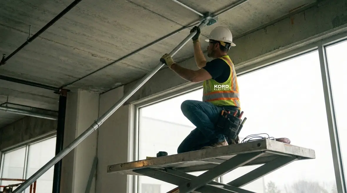 Commercial electricians planning electrical wiring methods in a mechanical room