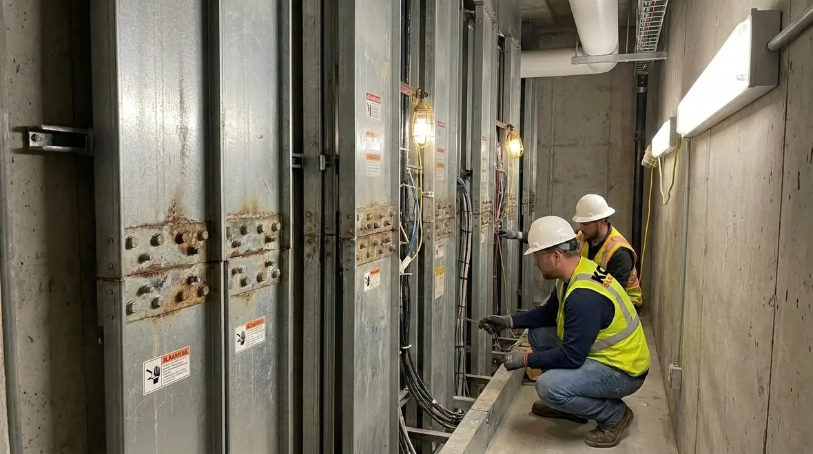 Technician analyzing power quality data in a commercial high-rise building