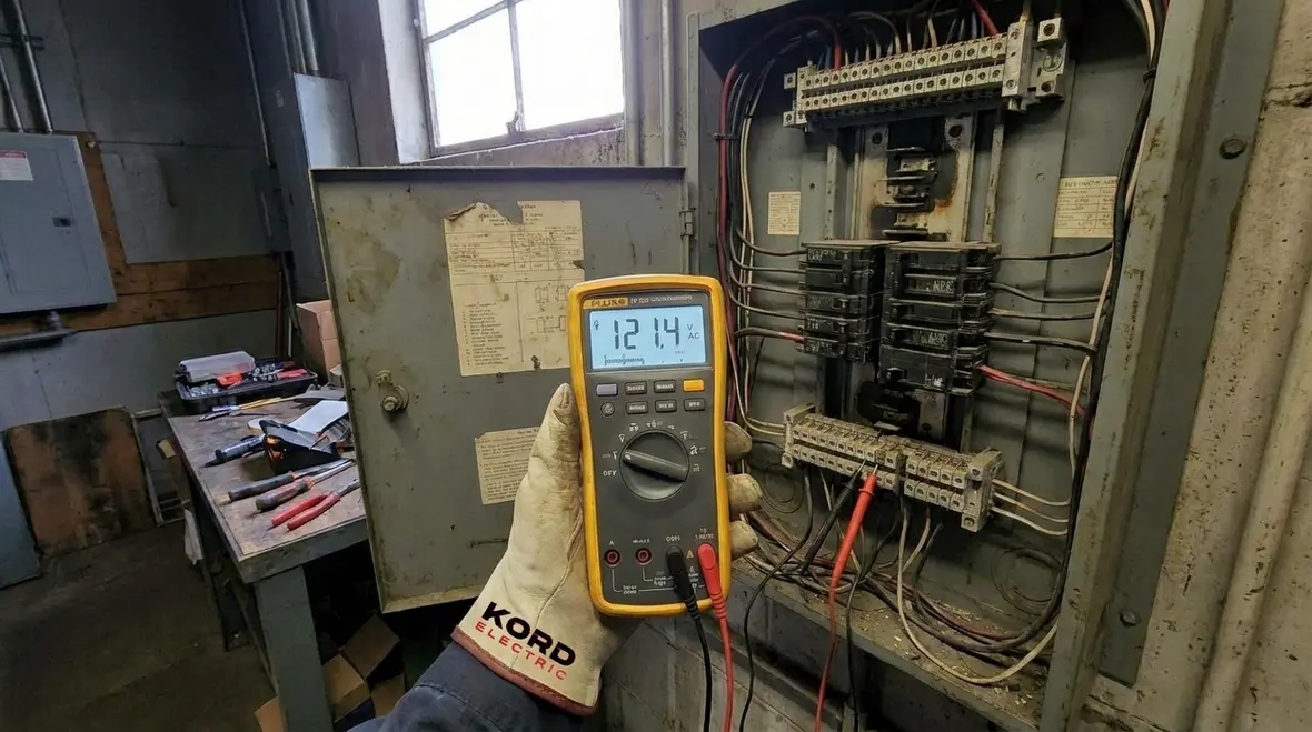 Technician checking voltage stability during emergency electrical recovery