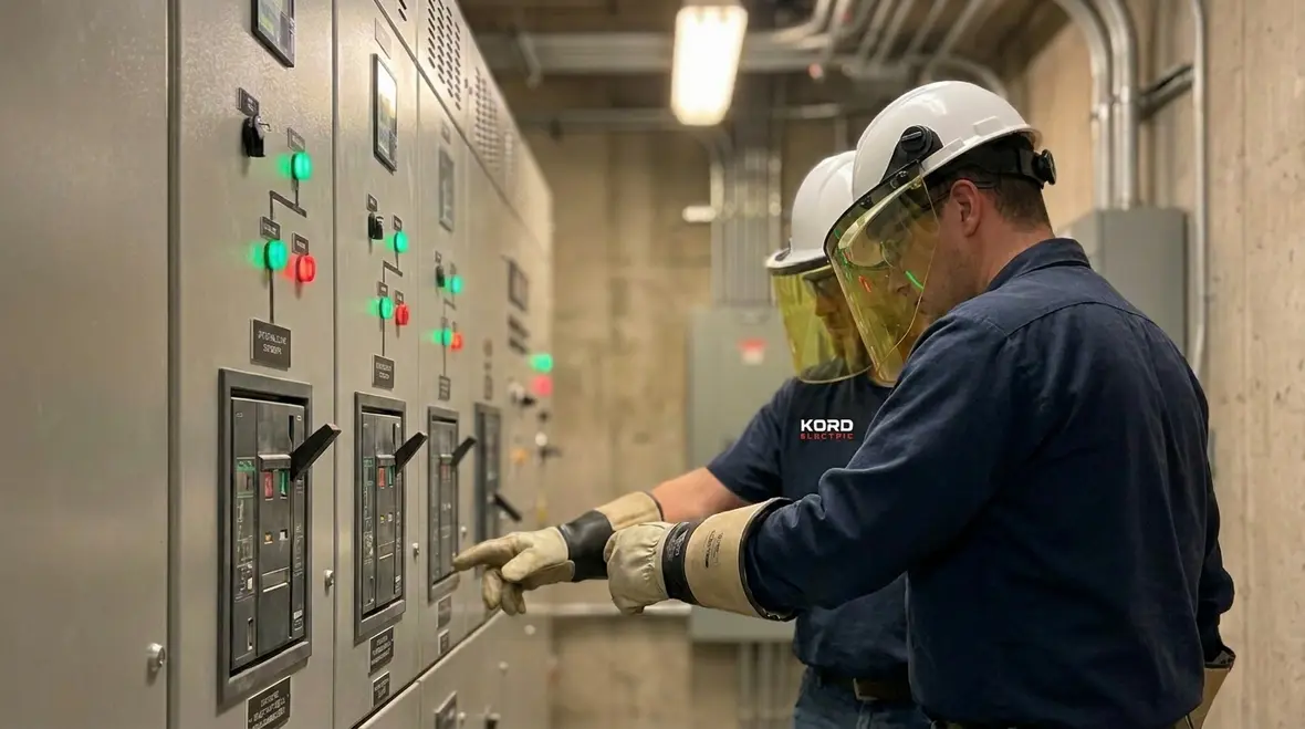Technicians reviewing an emergency electrical failure recovery strategy in a commercial facility