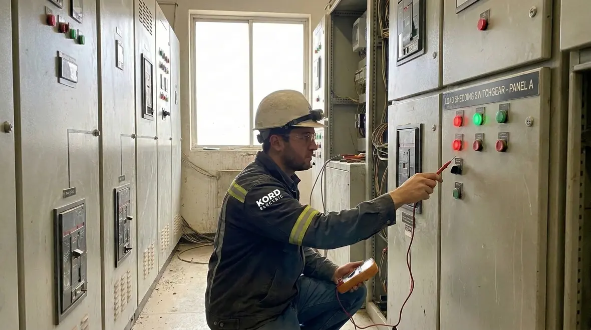 Technicians configuring emergency electrical load shed systems in a commercial facility