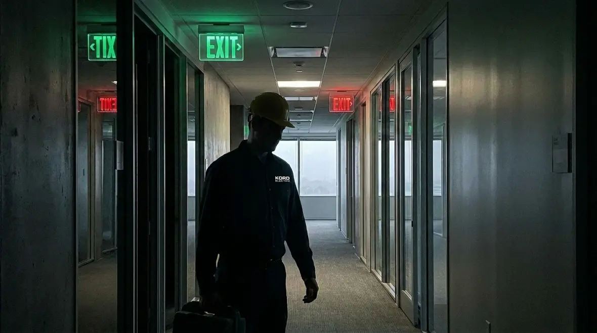 Emergency lighting code compliance fixtures in a commercial corridor