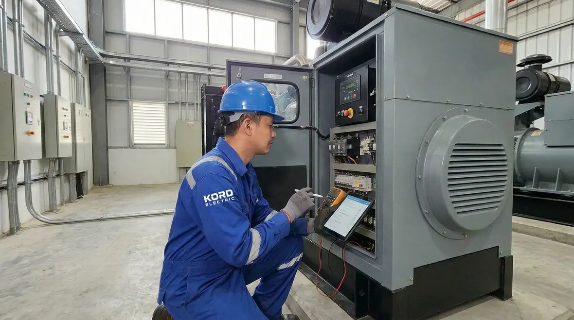 Technician performing emergency power backup system testing in a commercial facility