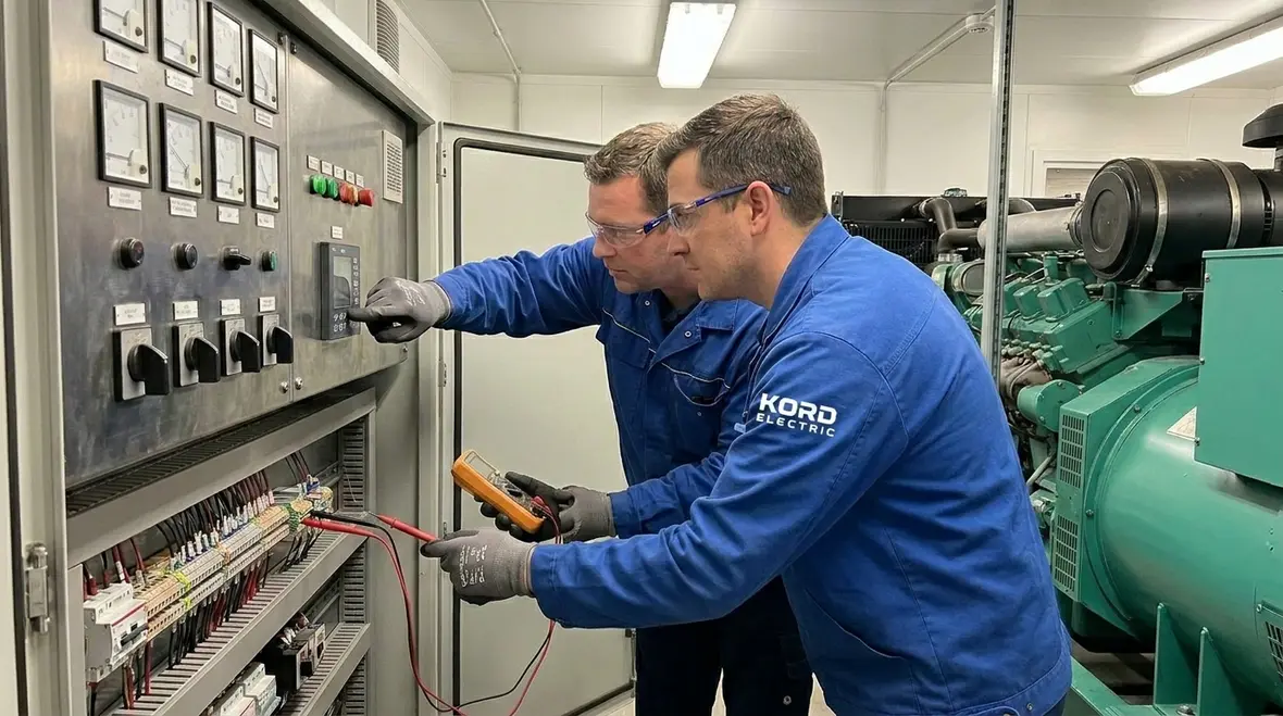 Commercial electrician inspecting emergency generators and transfer equipment during power recovery