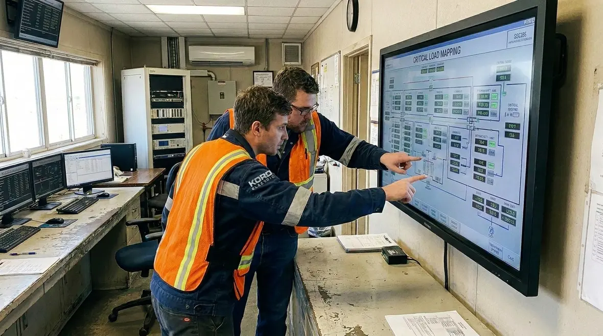 Technicians reviewing an emergency power failure recovery plan in a commercial facility control room