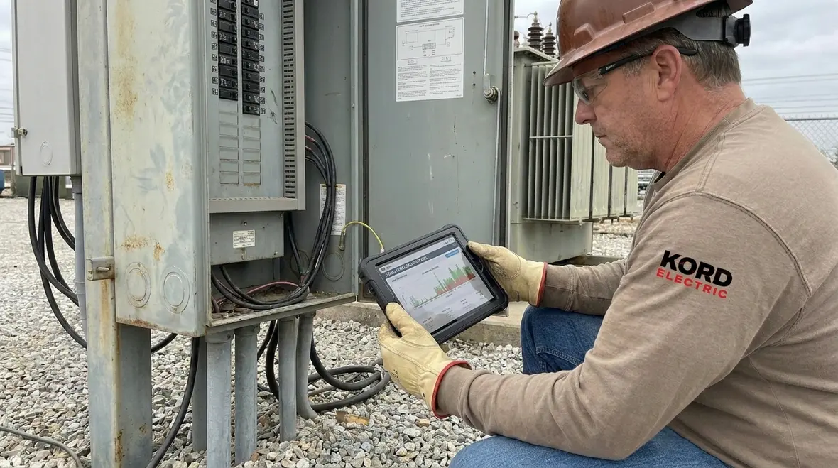 Technician reviewing load profiles and voltage conditions for commercial EV charging